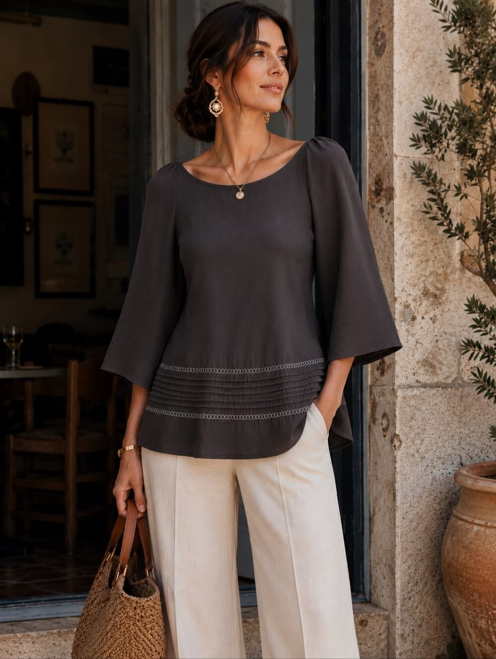 Made In Italy 100% Linen Elegant Women's Dark Gray Scoop Neck Top